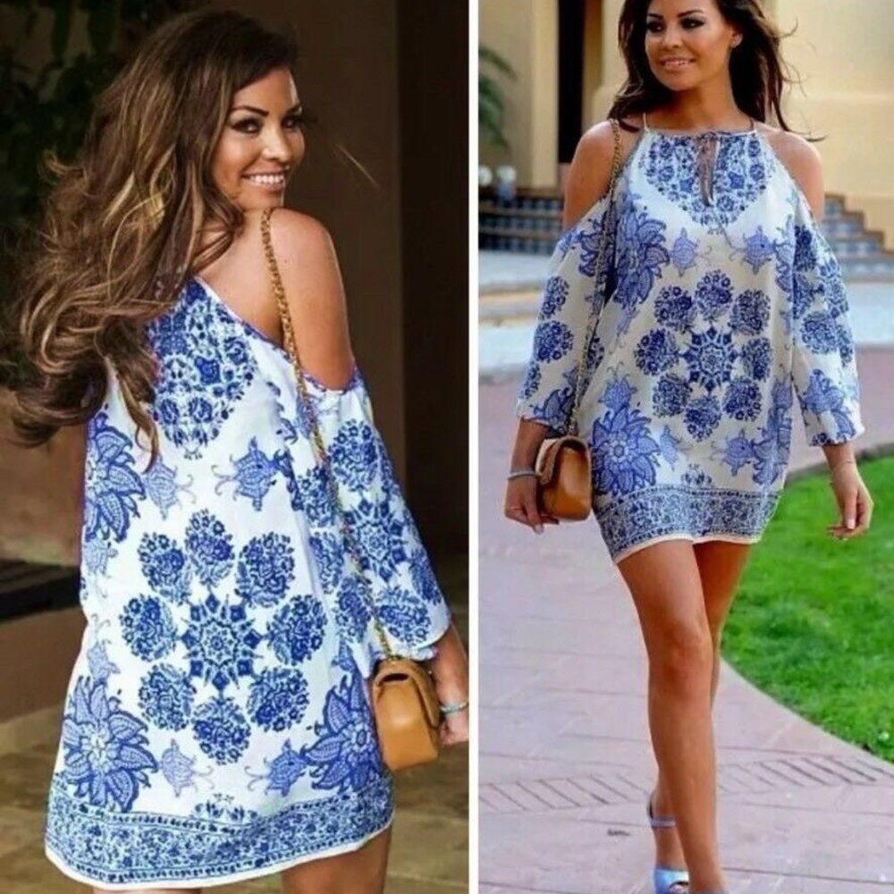 Zara Boho Cold Shoulder Blue Floral Dress
